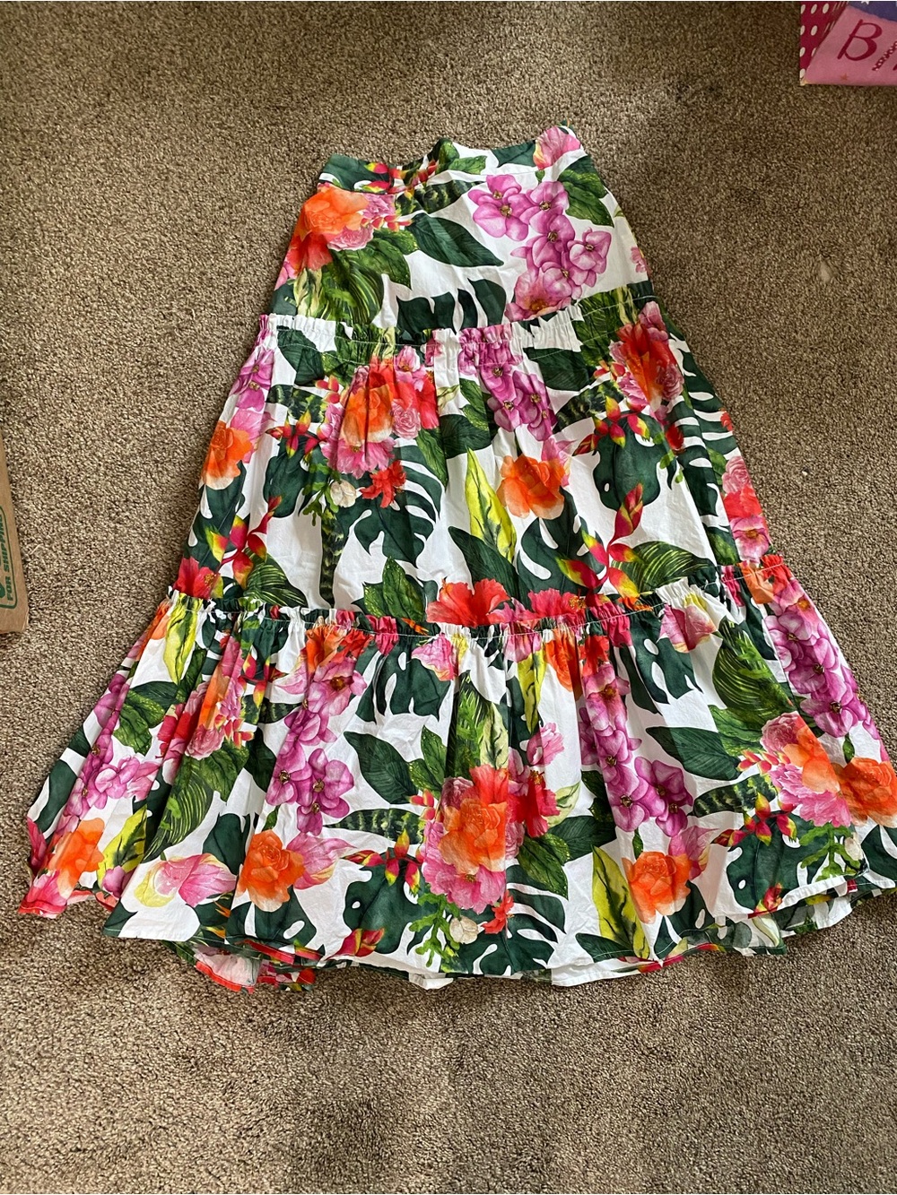 Boston Proper Tropical Floral Tiered Maxi Skirt in White, Pink & Orange